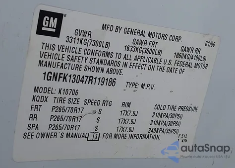 2007 Chevrolet Tahoe Lt из США, поврежденный, VIN 1GNFK13047R119186